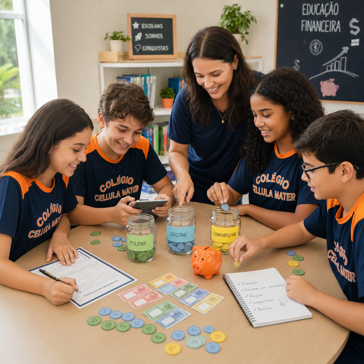 Alunos em feira de empreendedorismo e projeto de educação financeira no Colégio Cellula Mater